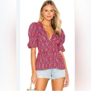 REVOLVE Red and Pink Geometric Puff-Sleeve Blouse